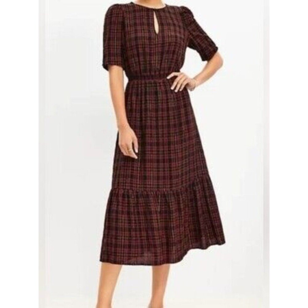 Ann Taylor Loft Black Red Green Plaid Midi Dress Size L P